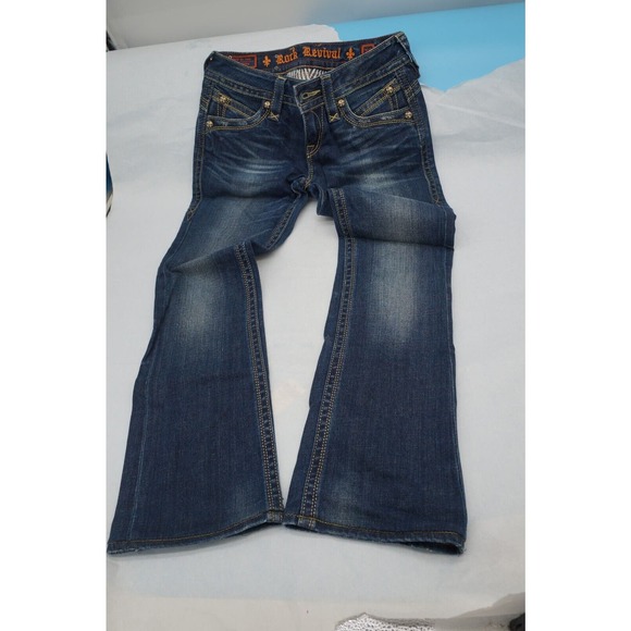 Rock Revival Womens Gwen Easy Boot Jeans Low Rise Flap Pocket 28x28 Dark Wash - Picture 1 of 6